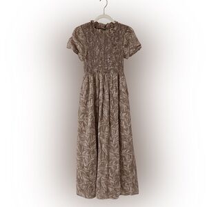 Bohme Smocked Maxi Dress Sz S Brown Floral Short Sleeves Ruffle Cotton Blend